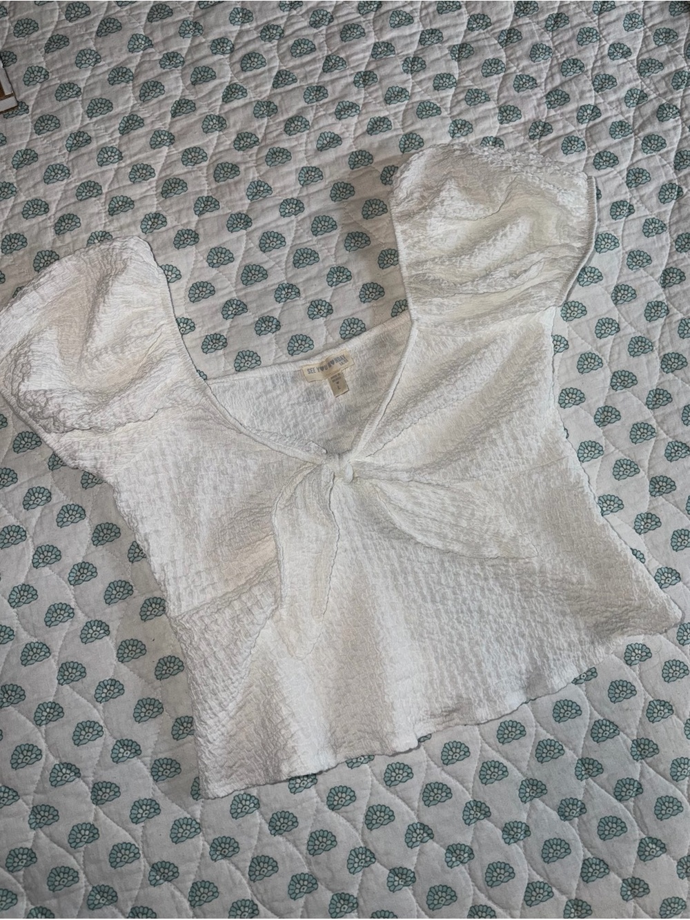 See You Monday White Tie-Front Puff Sleeve Crop Top